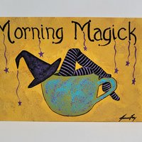 Witch in Coffee Cup - Morning Magick- Original Painting on Birch Wood