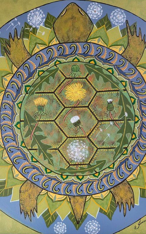 Cycles of Life - Original Mandala Painting - Turtle with Dandelions 12x16