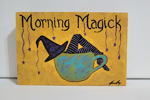 Witch in Coffee Cup - Morning Magick- Original Painting on Birch Wood