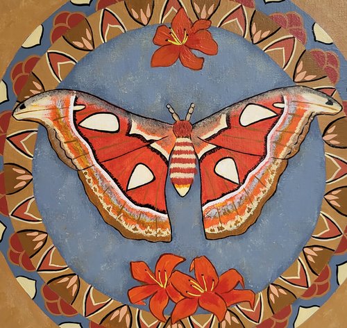 Atlas Moth and Tiger Lilies- Original Mandala Painting 12x12