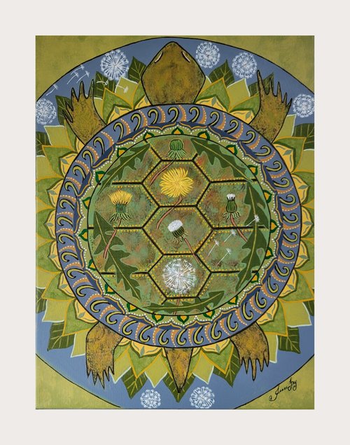 Cycles of Life - Original Mandala Painting - Turtle with Dandelions 12x16